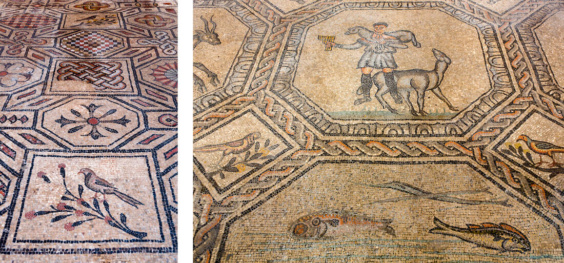 Bird and geometric symbols on the left, the Good Shepherd symbol on the floor mosaics in the Aquileian Basilica on the right