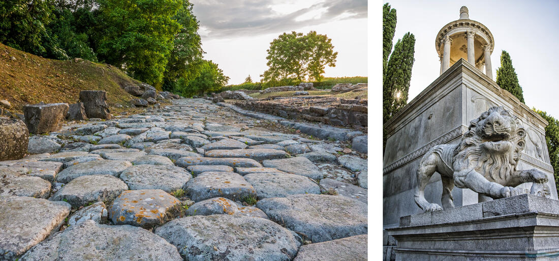 On the left the decumanus - the east-west oriented road built by Aratria Galla, on the right the mausoleum of Candia in Aquileia