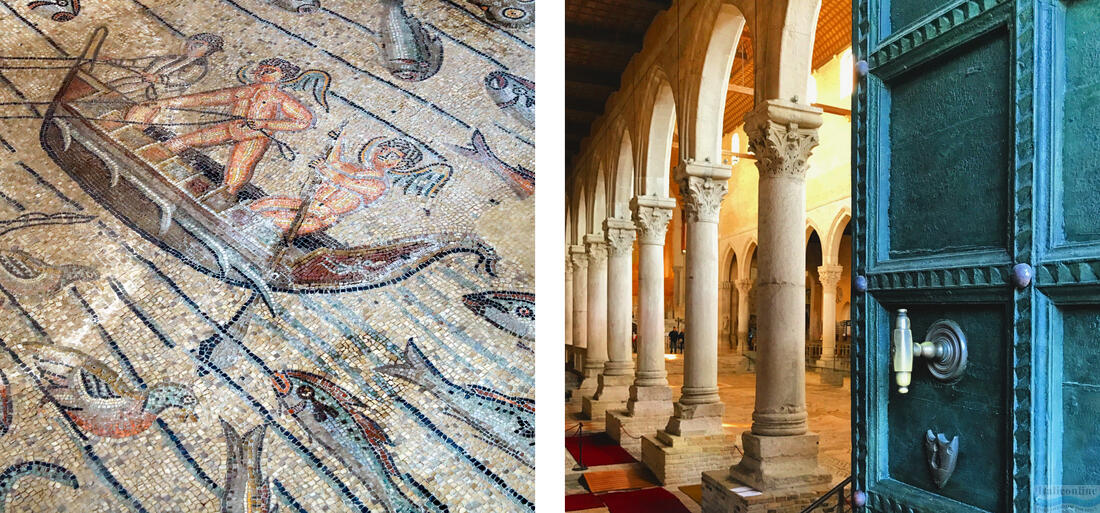 On the left, a mosaic depicting the biblical story of Jonah, on the right, the entrance door and a view of the interior of the Aquileian Basilica