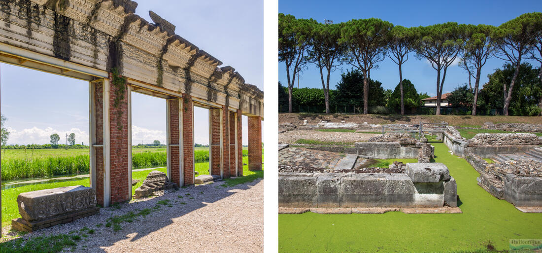 On the left, the facade of the port in Aquileia, on the right, the remains of the warehouses of the river port