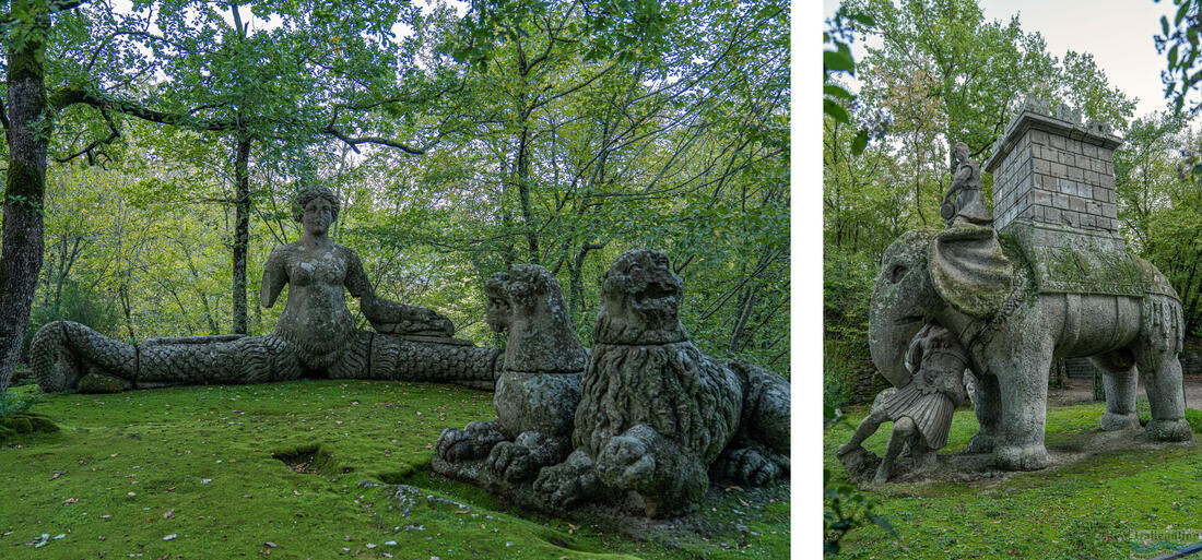 Mermaid Echidna with two lions, Hannibals elephant crushing a Roman legionnaire, Bomarzo Park