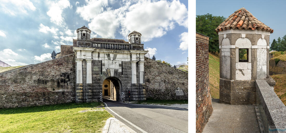 Porta Cividale - one of the three gates of the fortified city of Palmanova, on the right a detail of the watchtower of Porta Cividale