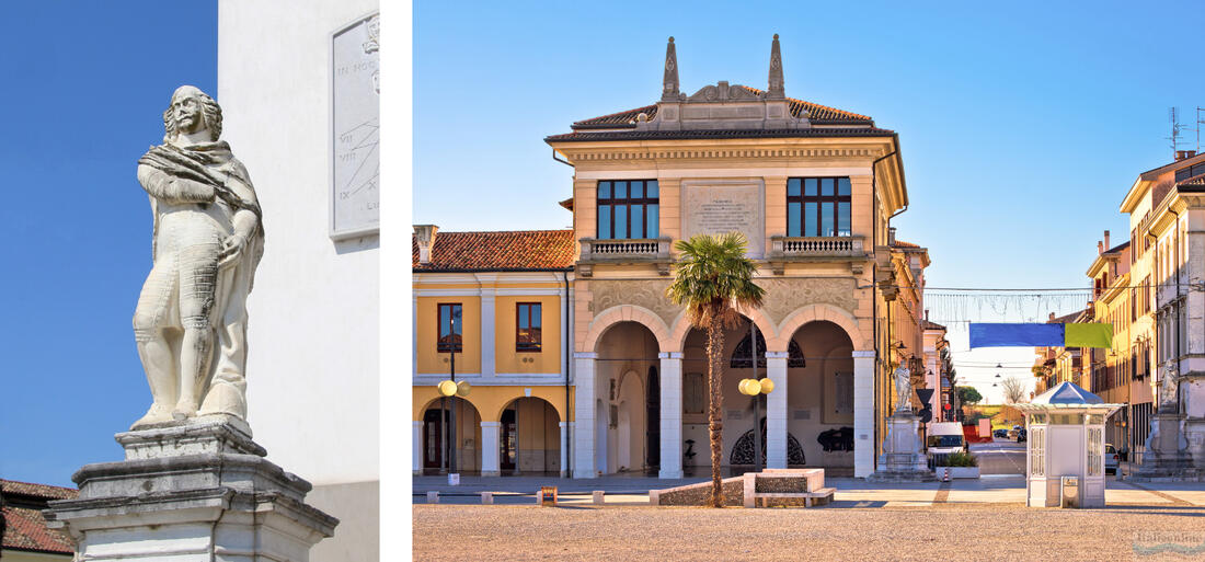 On the left, a statue of one of the eleven general superintendents of the city of Palmanova, on the right, the Loggia della Gran Guardia degli Alabardieri - the lodge of the great halberd guard