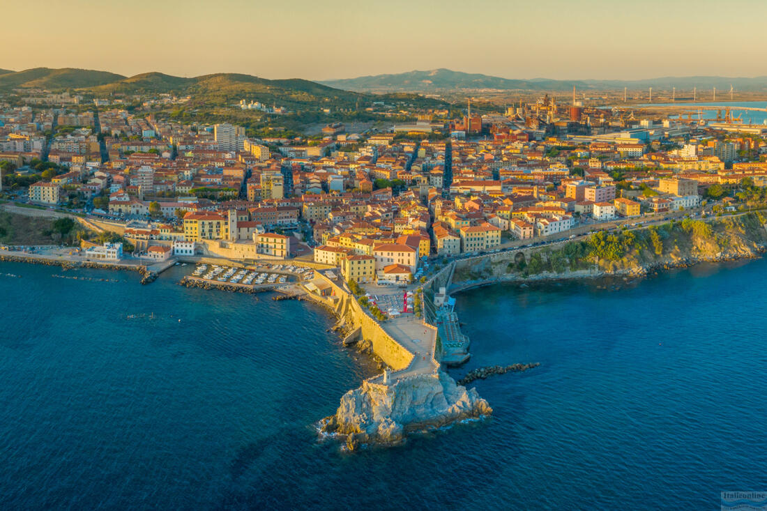 View of the town of Piombino at sunset, Tuscany