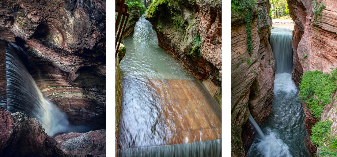 Different views of the Orrido di Ponte Alto waterfall