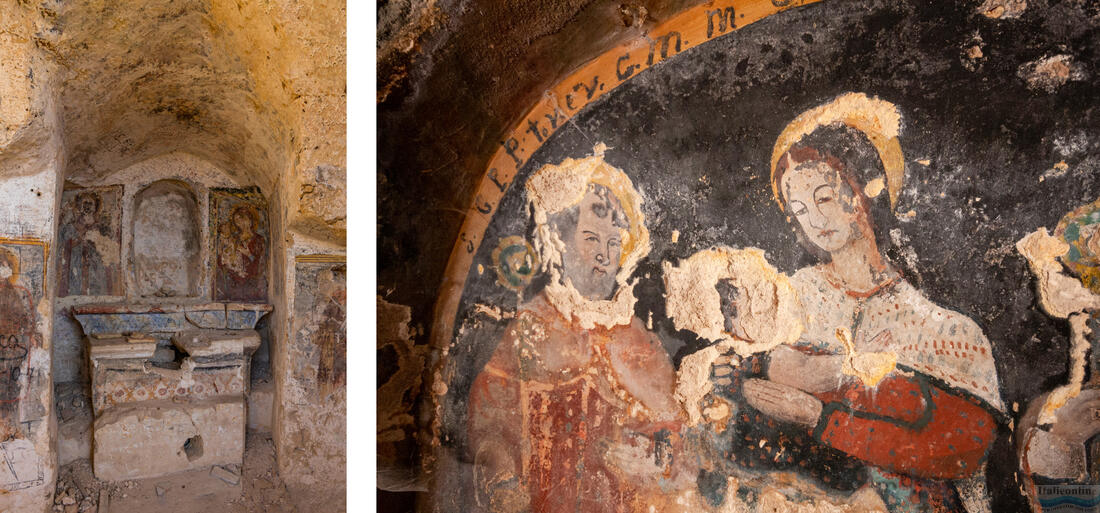 Matera - nalevo oltář raně středověkého rupestriánského kostela, napravo freska Madonny