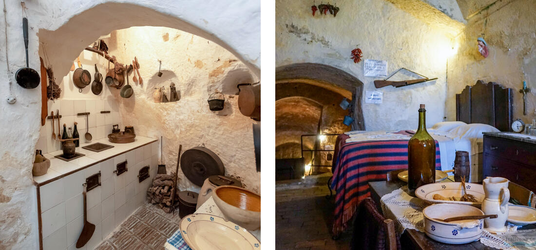 Casa Grotta di Vico Solitario - nalevo detail kuchyně, napravo postel a přechod do dalších místností příbytku