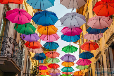 Umbrella Sky - colourful art installation in the streets of Italy